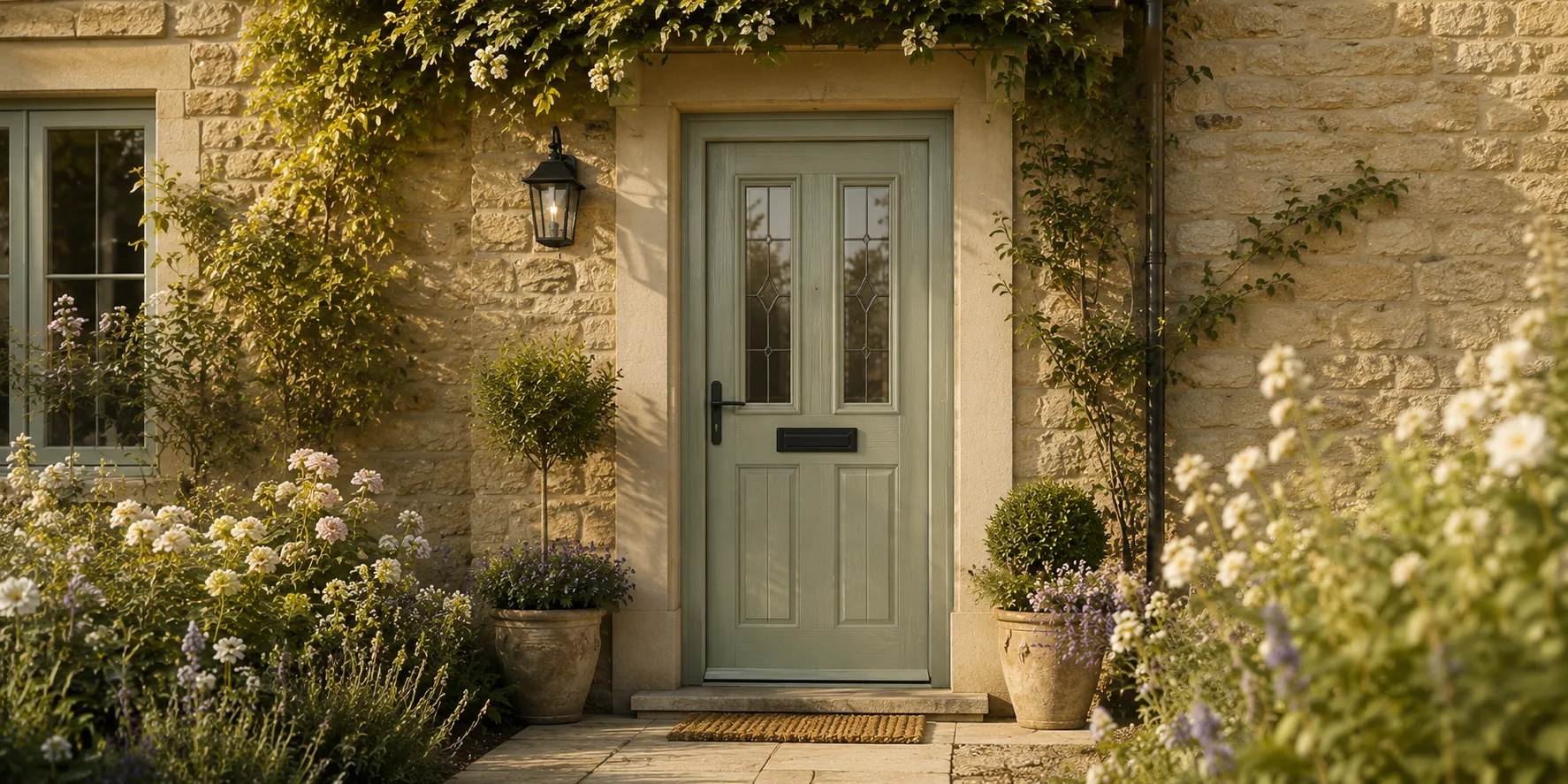 Sage green composite front door with leaded glass panels on a stone cottage, framed by climbing plants and flowers