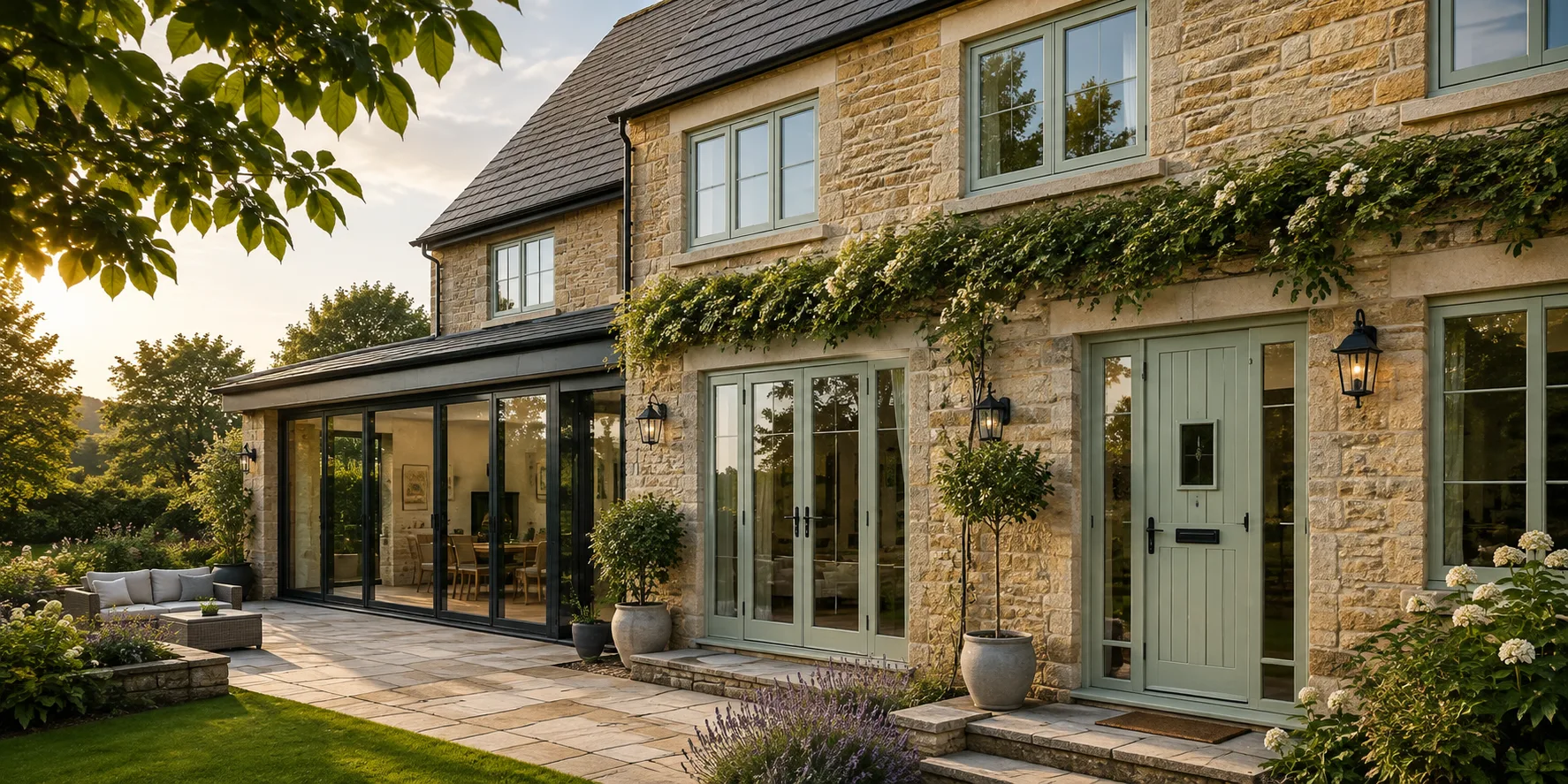 Stone house with sage green windows, French doors and front door, beside a glazed garden room and patio
