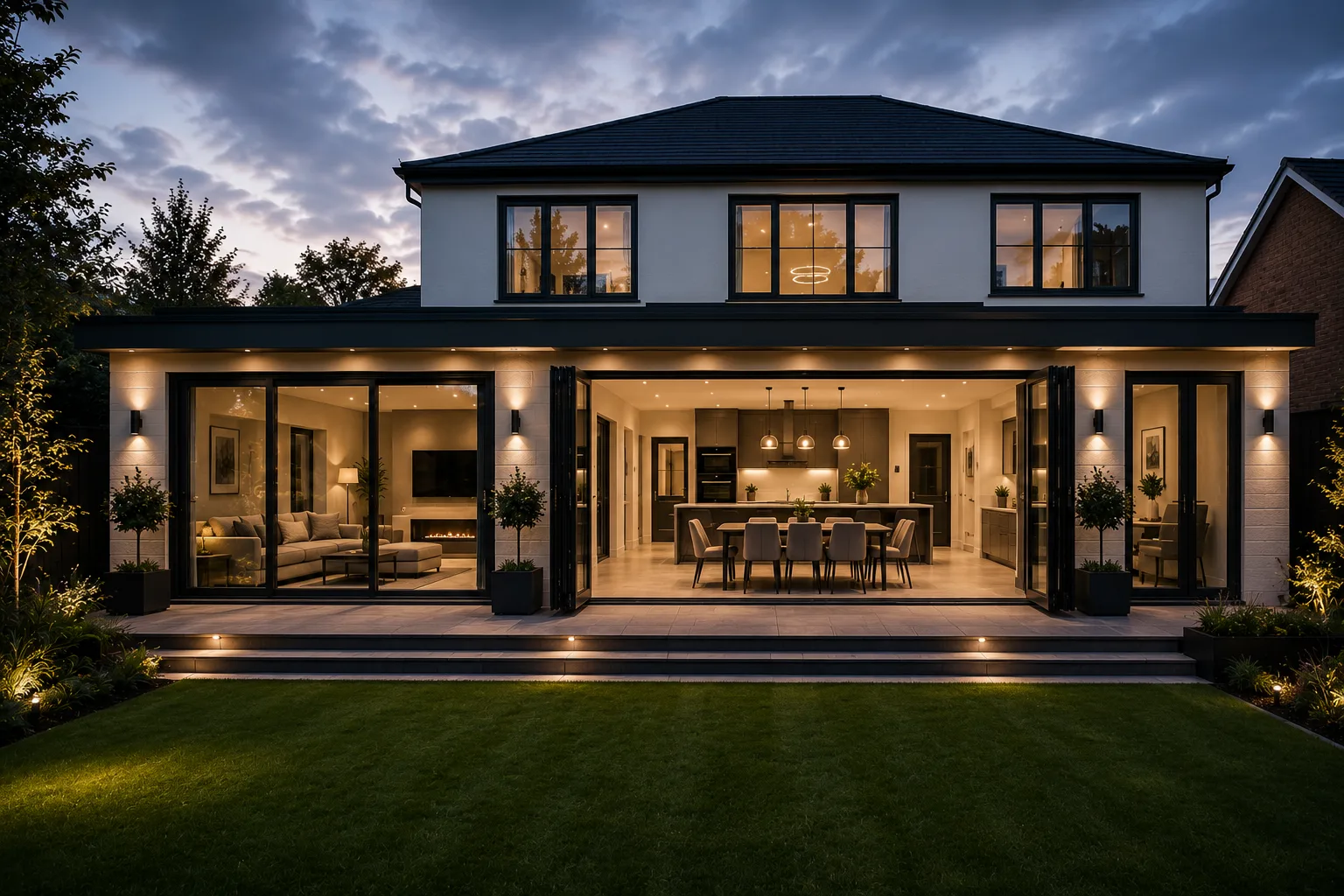 Modern house at dusk with black bi-fold doors folded open onto a lit patio and lawn