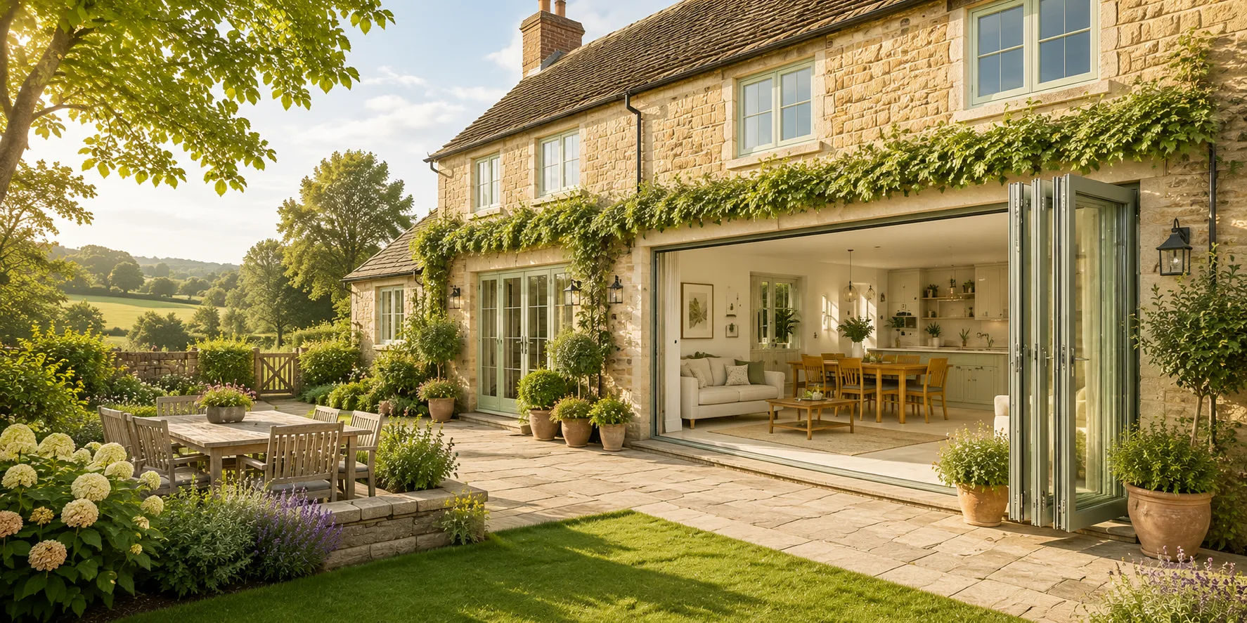 Stone house with sage green bi-fold doors folded open from the kitchen onto a sunny garden patio