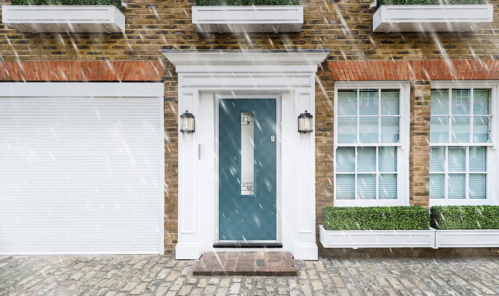 Teal composite front door with a tall glass panel on a brick house, in the rain