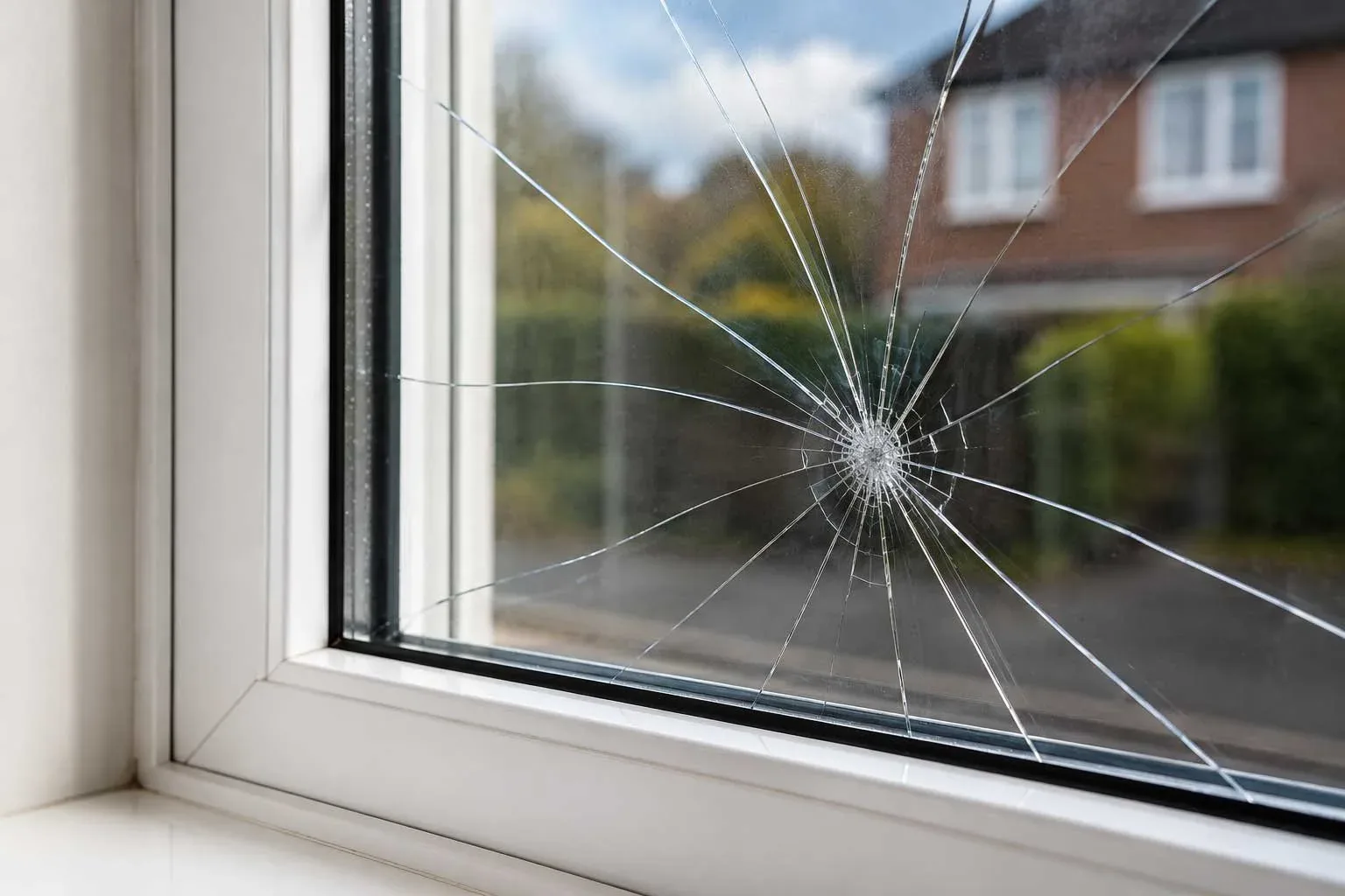 Cracked double glazed window with fractures spreading from an impact point across the glass