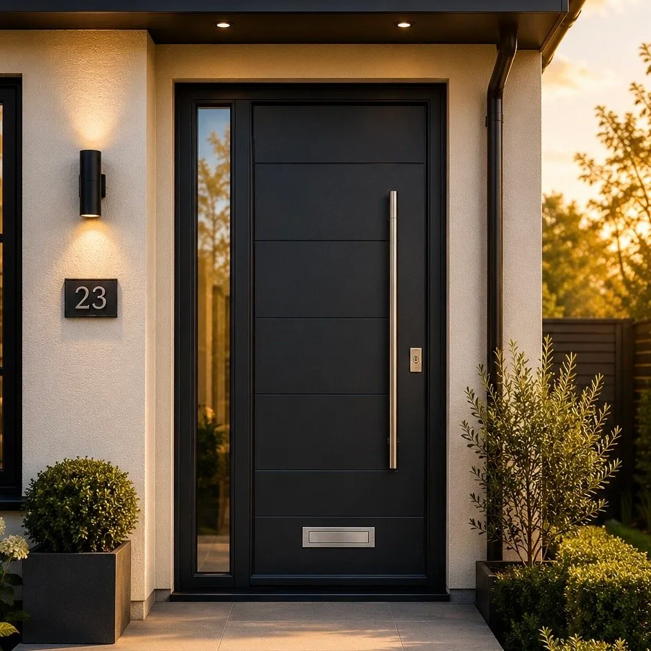 Black composite front door with a long bar handle and a full-height glazed side panel