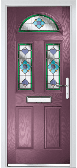 Amber composite door in purple with stained glass panels and a half-moon top pane