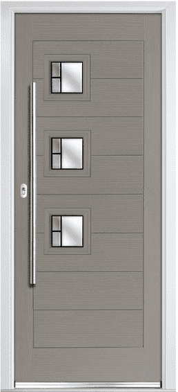 Arun composite door in warm grey with three square glass panes and a long bar handle