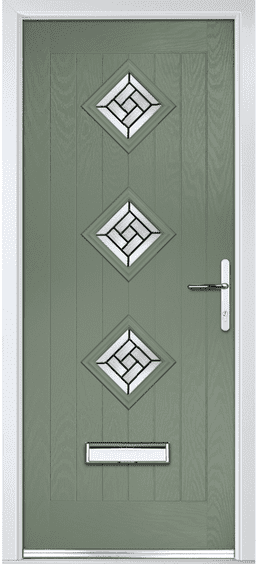 Avon composite door in sage green with three diamond glass panes