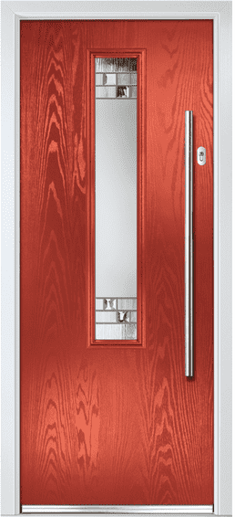 Calder composite door in red with a tall narrow glass panel and a long bar handle