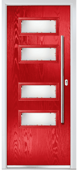 Colwyn composite door in red with four horizontal glass panels and a long bar handle