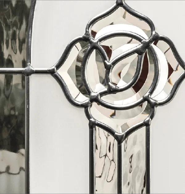 Crystal Flowers composite door glass, a clear bevelled rose in silver leading