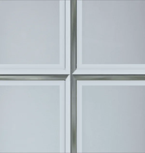 Linear composite door glass, frosted glass divided into squares by narrow clear lines