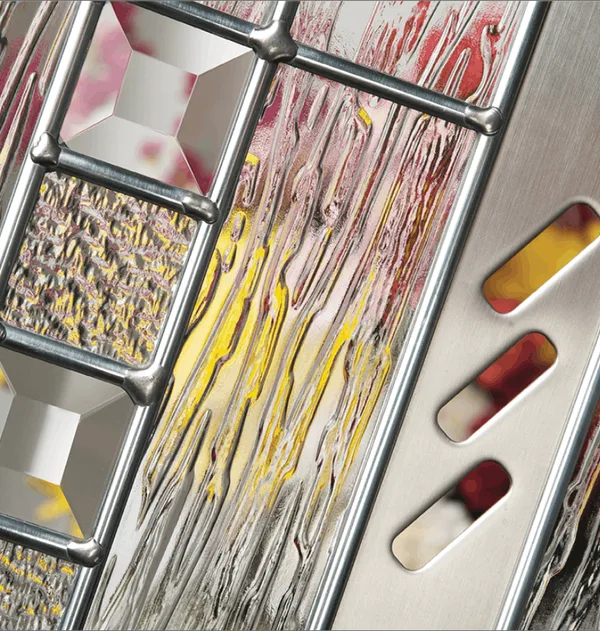 Matrix composite door glass, a grid of textured, reeded and amber-tinted panes in grey leading