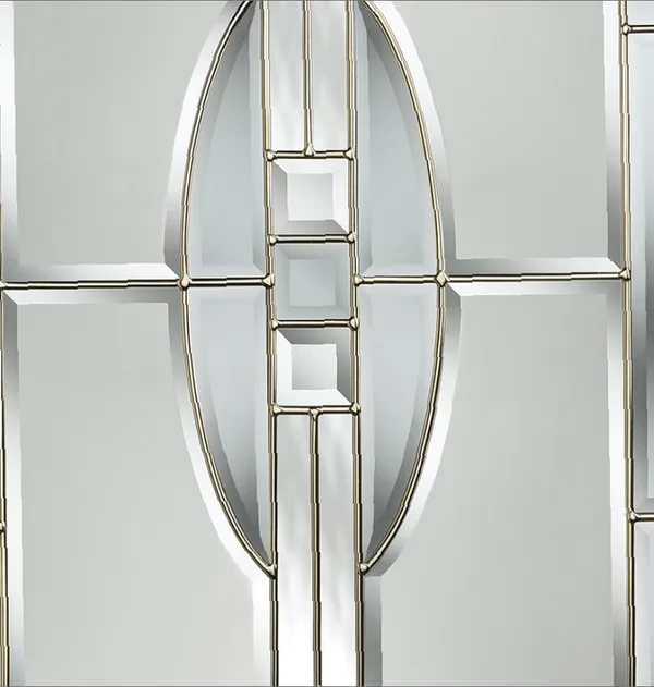Reflections composite door glass, an oval of clear bevels in silver leading on frosted glass