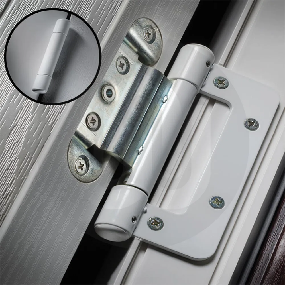 Close-up of a silver hinge on a grey composite door, with an inset showing it from the side
