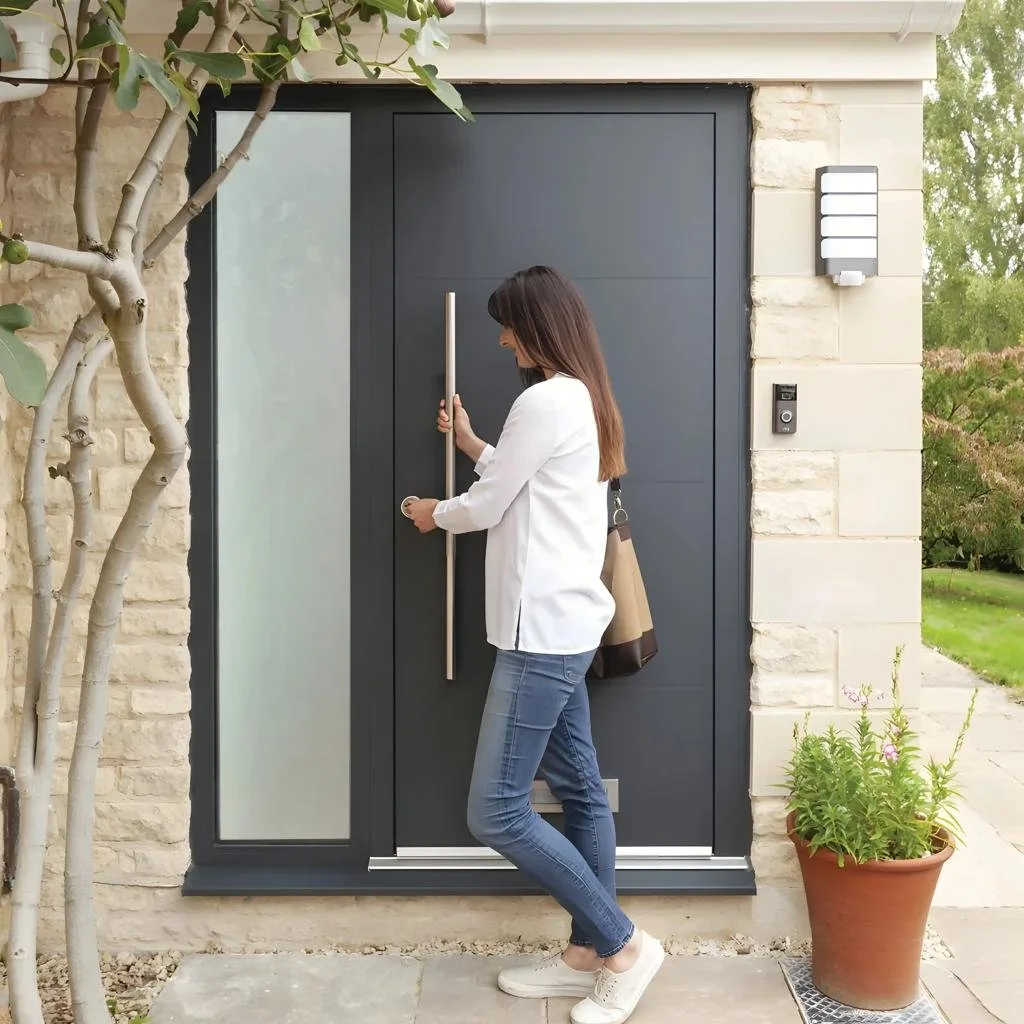 lady opening front composite door