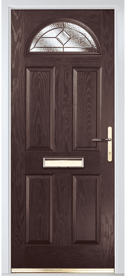 Dove composite door in dark brown with a half-moon decorative glass pane
