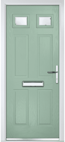 Ecclesbourne composite door in pale green with two small glass panes at the top