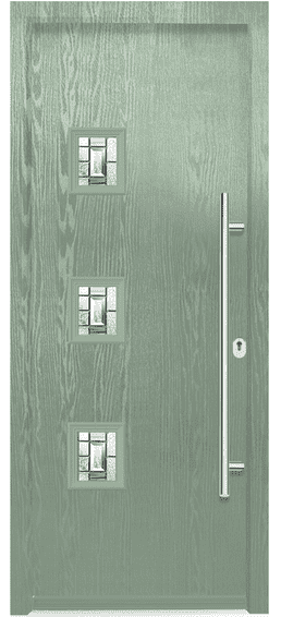 Farndon composite door in pale green with three small square glass panes and a bar handle