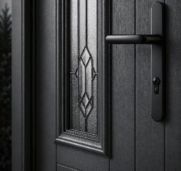 Close-up of an anthracite composite door with a decorative glass panel and black lever handle