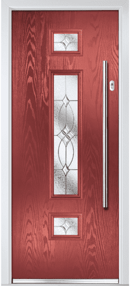 Hilton composite door in red with three decorative glass panels and a long bar handle