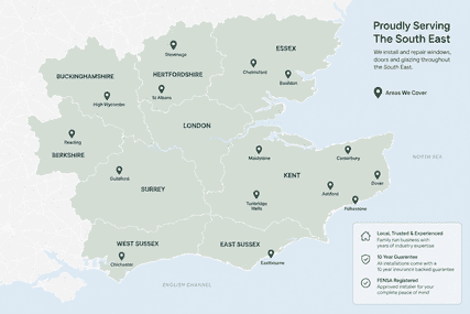 Map of South East England marking the areas KM Glazing Services covers, including Kent, London, Essex, Surrey and Sussex