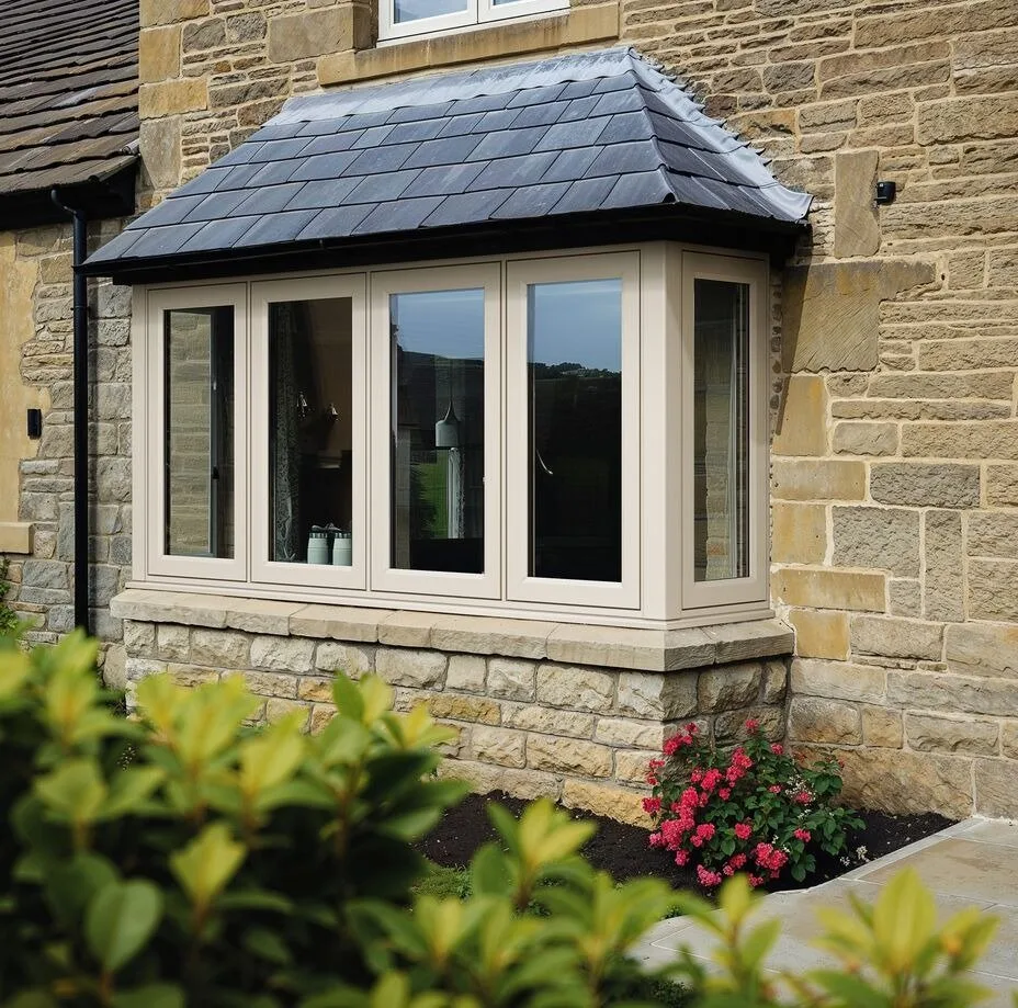 Agate grey bay window with a slate canopy roof on a stone-built house
