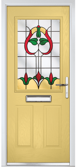 Lathkill composite door in yellow with a large floral stained glass panel