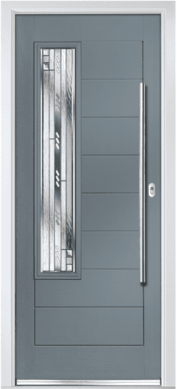 Loxley composite door in grey with a tall decorative glass panel and a long bar handle