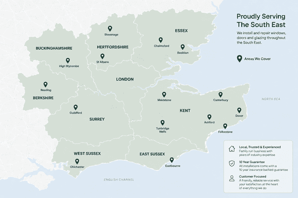 Map of South East England marking the areas KM Glazing Services covers, including Kent, London, Essex, Surrey and Sussex