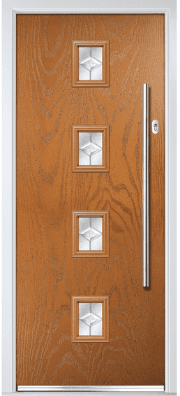 Milton composite door in oak woodgrain with four square glass panes and a long bar handle