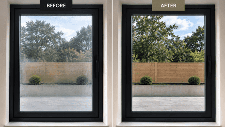 Before and after photos of the same black-framed window, with a misted double glazed unit on the left and its clear replacement on the right