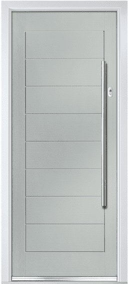Neath composite door in light grey with horizontal grooves and a long bar handle