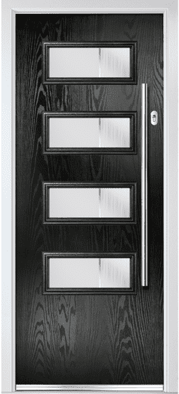 Ogmore composite door in black with four horizontal glass panels and a long bar handle