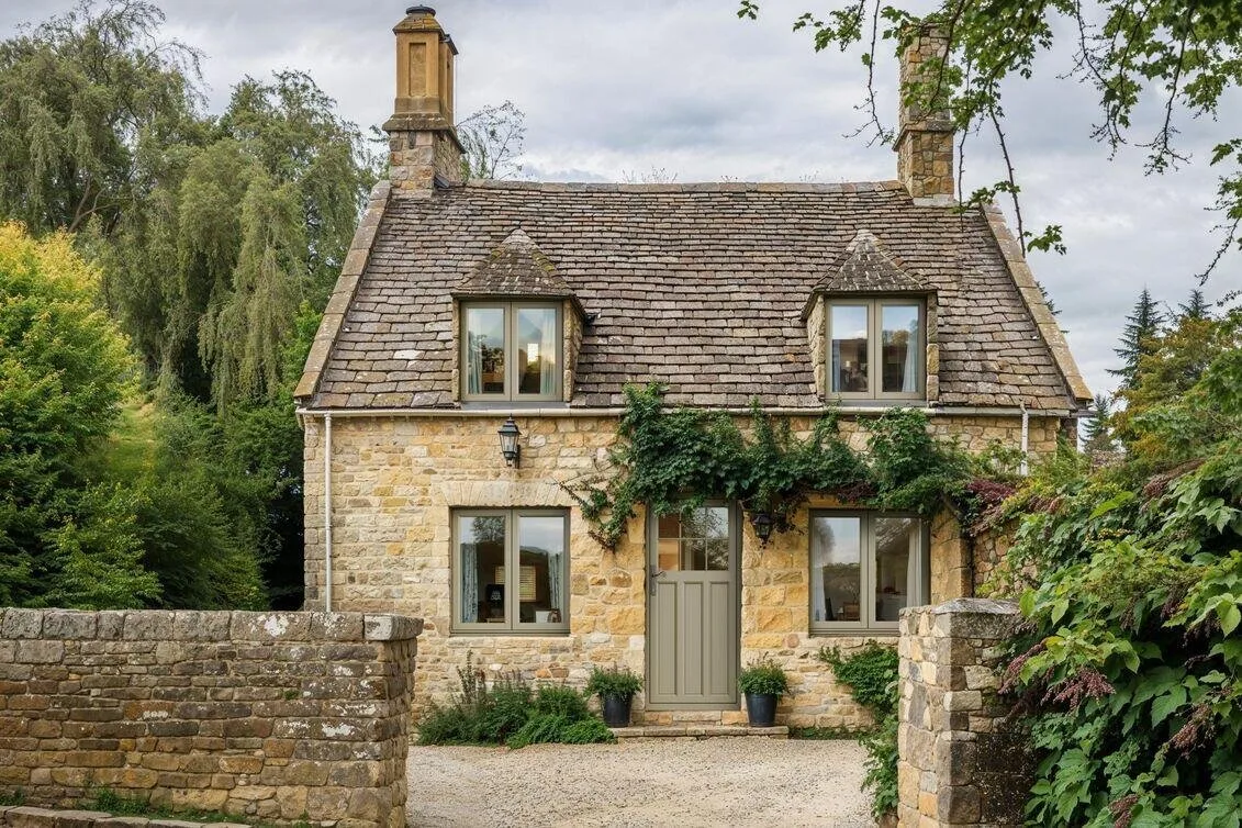 Stone cottage with sage green windows and a matching part-glazed front door