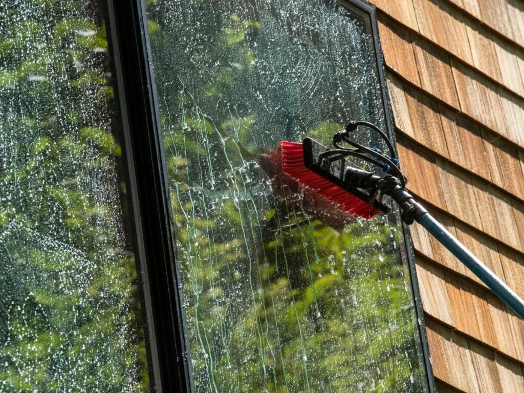 Water-fed pole brush cleaning a wet exterior window beside timber shingle cladding
