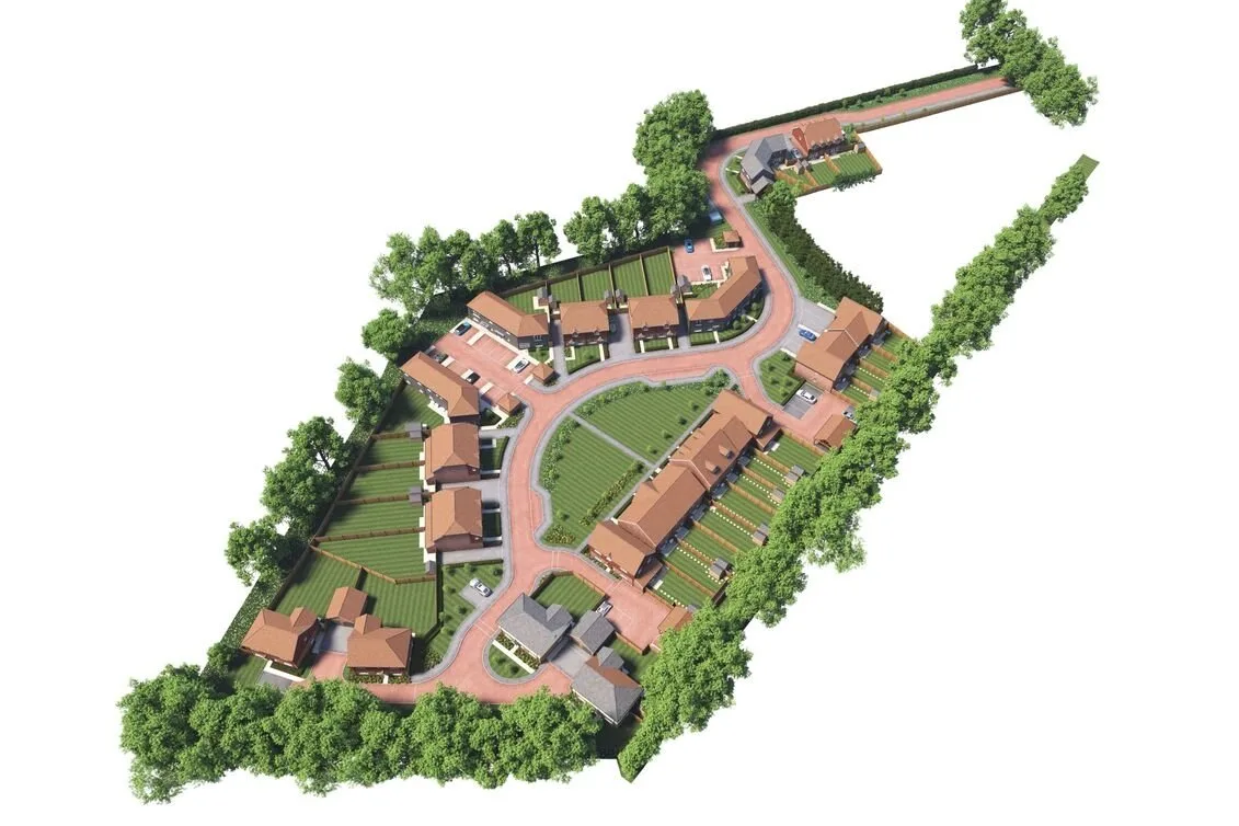 3D aerial site plan of a Riverdale Developments new-build housing scheme