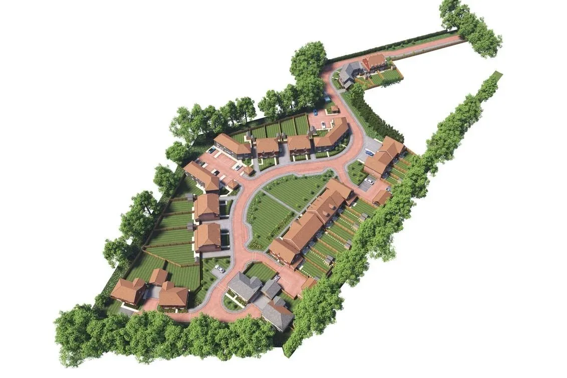 3D aerial site plan of a Riverdale Developments new-build housing scheme