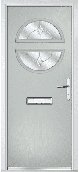 Sandhill composite door in light grey with a split circular glass design