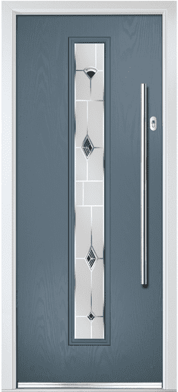 Shardlow composite door in slate blue with a tall decorative glass panel and a bar handle