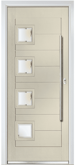 Sheaf composite door in cream with four square glass panes and a long bar handle