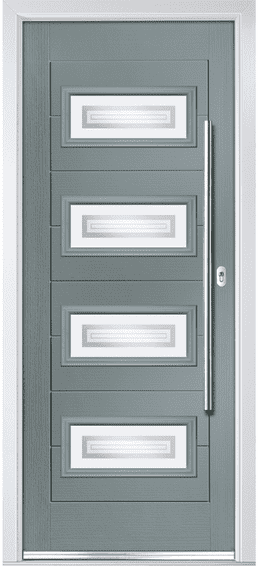 Thames composite door in grey with four horizontal glass panels and a long bar handle