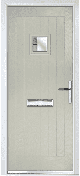 Trent composite door in light grey with vertical grooves and a small square glass pane