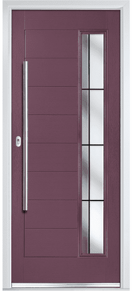 Tyne composite door in purple with a full-height glass strip and a long bar handle