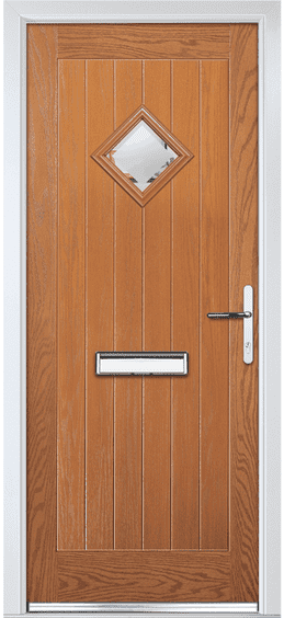 Wye composite door in oak woodgrain with vertical grooves and a small diamond glass pane